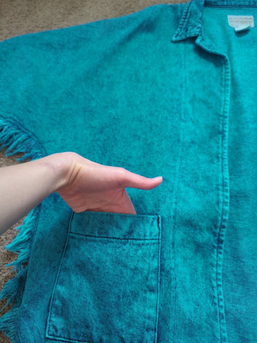 Vintage Sundance Denim Wear Teal Acid Wash Fringe Poncho Cape Jacket S USA Boho - Picture 10 of 13